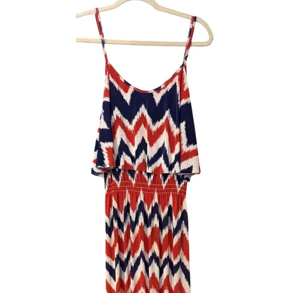 West Loop Patio Maxi Dress Chevron Print Red White Blue Spaghetti Straps Medium - Picture 2 of 5